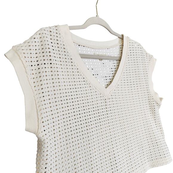 Madewell Womens Knit Mesh V Neck Crop Tee Size Medium Cream Boxy Open Weave Boho - Picture 3 of 10